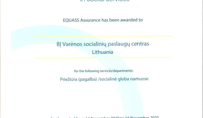 Varėnos socialinių paslaugų centrui suteiktas EQUASS Assurance sertifikatas